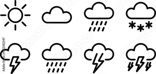 Silhouette illustration of weather icons including sun, clouds, rain, snow, and thunderstorms for forecasts, apps, education, and climate-related graphic design themes