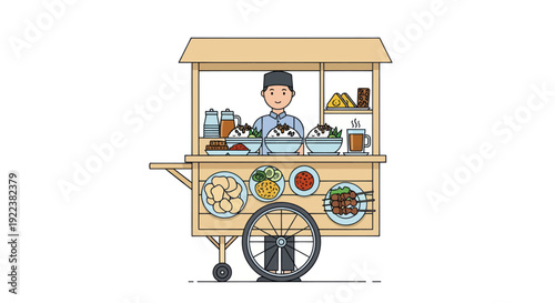 Cartoon Food Cart Vendor Serving Delicious Dishes and Drinks.