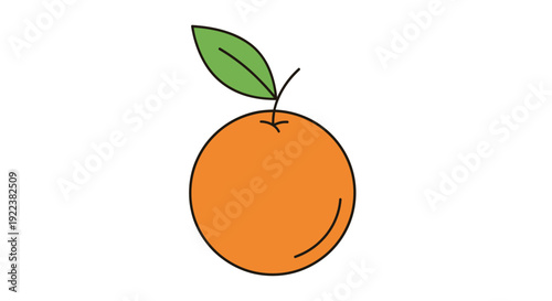 A vibrant orange fruit with a single green leaf attached.