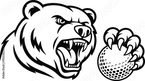 Silhouette of fierce bear gripping golf ball with claws, symbolizing wildlife, sports, mascot, strength, and competition