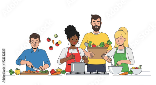 Group of Friends Cooking Together Preparing Healthy Meal in Kitchen.