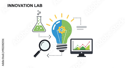 Innovation Lab Concept: Lightbulb with Gears Beaker Magnifying Glass and Computer Screen.