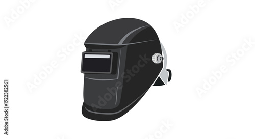 Black welding helmet with protective visor and adjustable strap.