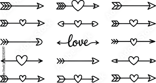 Numerous black outline hand drawn arrows featuring hearts and the word love on a clean white background