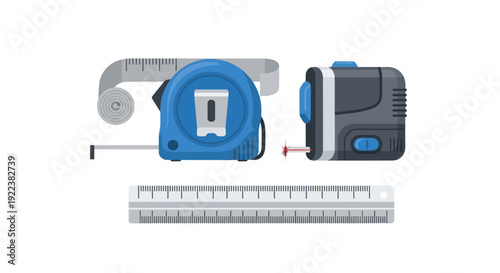 Assortment of Measuring Tools: Blue Tape Measure Black Tape Measure and Ruler.