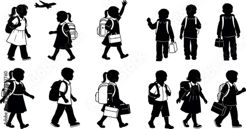Back to School Children Silhouettes Set with Backpacks and Bags Walking to Class Elementary Students Boy and Girl Vector Illustrations