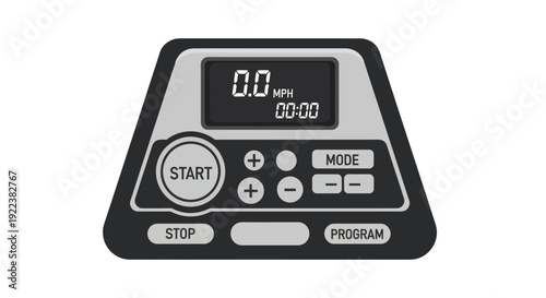 Close-up of a modern treadmill control panel with a digital display showing zero speed and time.