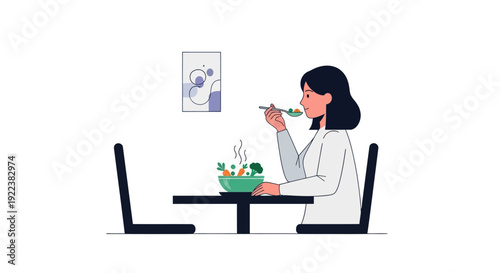 Minimalist vector illustration of a woman with dark hair eating a healthy meal alone at a dining table.