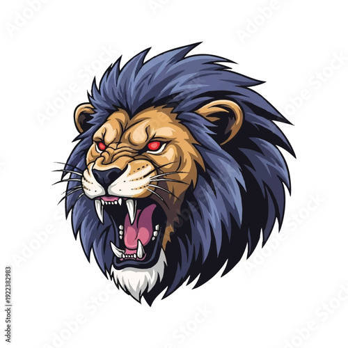 A vibrant cartoon illustration of a roaring lion's head with a fierce expression and colorful mane against a clean white background.
