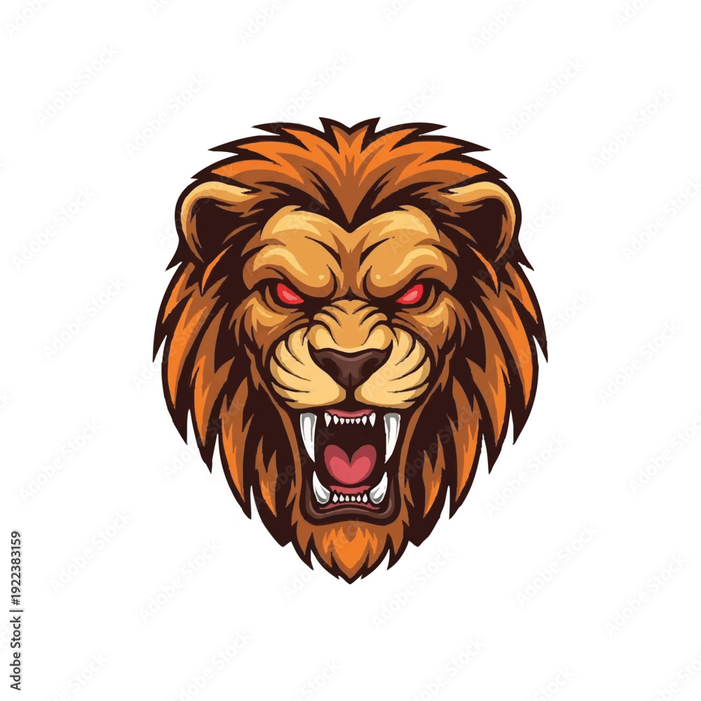 Obraz premium Illustration of an angry lion's head with red eyes and open mouth on a white background