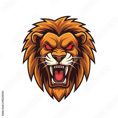 A vibrant digital illustration of an angry lion's head with a fierce expression and sharp teeth on a plain white background.