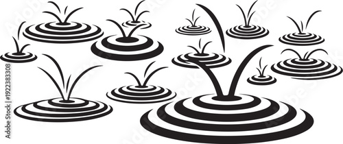 Black and white illustration of ripples and water sprouts