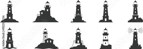 Lighthouse silhouette icons with diverse coastal architecture and nautical theme for marine design - black vector illustration set