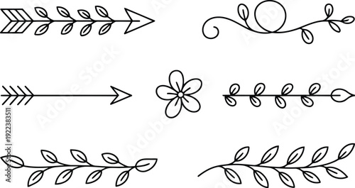 Six delicate hand drawn line art dividers with leaves, arrows, and a simple flower on white