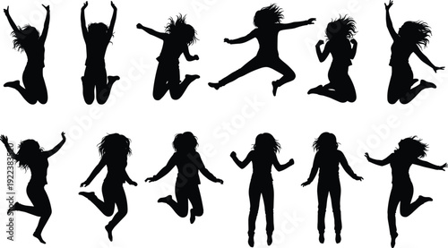 Silhouettes of energetic human jumping poses, symbolizing motion, athletics, fitness, dance, celebration, joy, and expressive movement