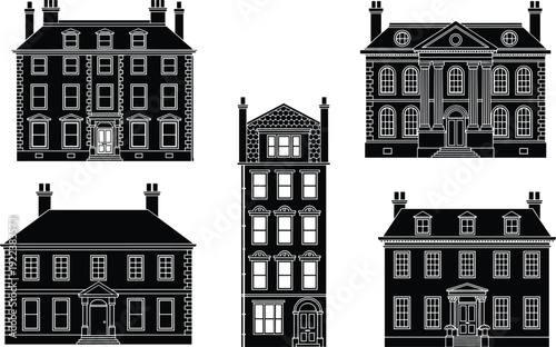 Silhouettes of Georgian-style buildings with symmetrical facades, sash windows, and classical proportions, symbolizing architecture, heritage, and design