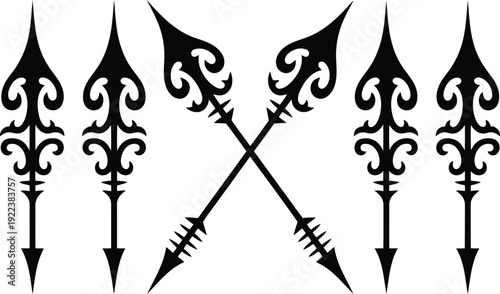 Six stylized black ornate tribal arrowheads or spear tips symmetrically arranged on white background