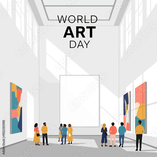 People admiring abstract paintings in a modern art gallery on World Art Day.