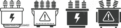 Set of four electrical transformer icons with warning signs, lightning symbols, power distribution equipment, electrical safety, industrial energy, high voltage devices