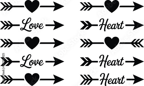 Stylized black arrows with hearts and the words Love and Heart displayed on a bright white background