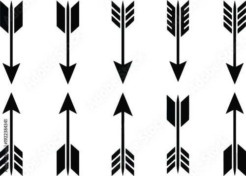 Ten black arrows with fletching details arranged in rows alternating between pointing up and down