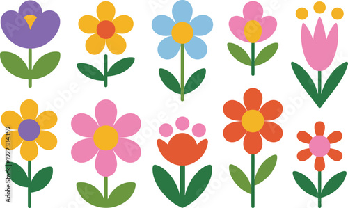 Ten delightful brightly colored cartoon flowers featuring various petal designs and green foliage against white