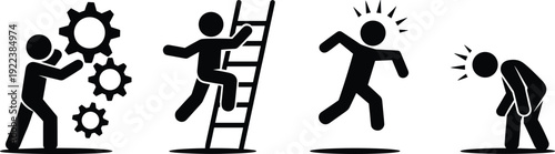 Stick figure silhouettes illustrating teamwork with gears, career growth ladder, stress reaction and failure concept isolated on white background business icon set