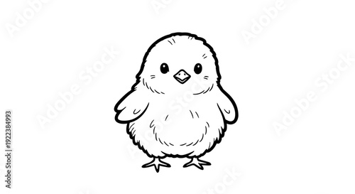 Adorable fluffy baby chick illustration in black and white line art. A simple vector drawing, ideal for children's projects, farm themes, and cute graphic designs