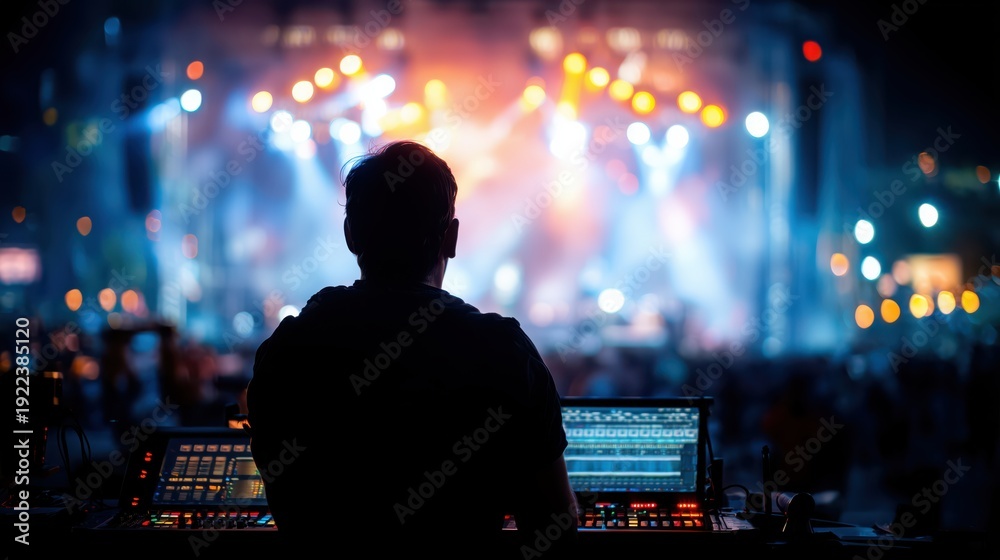 Fototapeta premium Rear view of a sound engineer working at a mixing console during a live concert