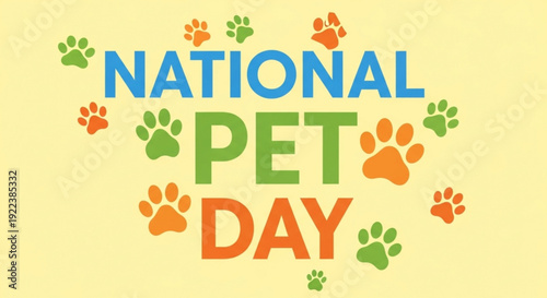 National pet day colorful paw print design with text on yellow background