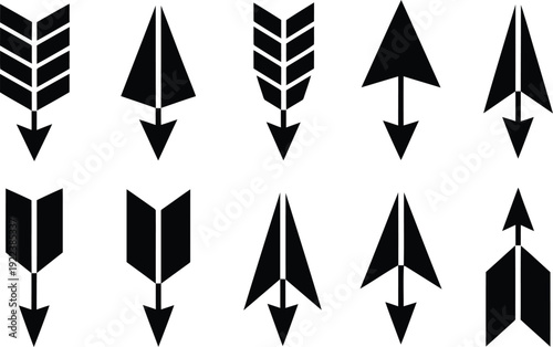 Free Download Variety of ten black geometric arrow shapes predominantly pointing downwards on a clean white field - GFXLoad