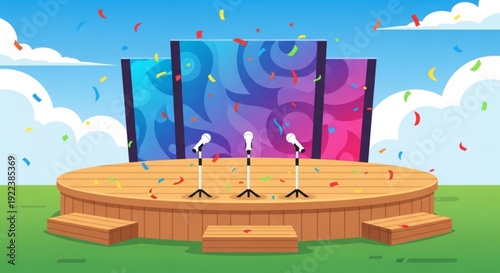Vibrant outdoor stage with microphones and colorful confetti under a bright blue sky with fluffy clouds