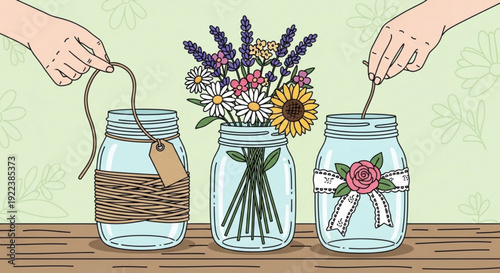 Hands decorating three glass jars with twine flowers and ribbons on a wooden table