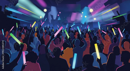 Vibrant crowd at a nightclub or concert waving colorful glow sticks under dynamic stage lights creating a lively party atmosphere with a sea of silhouetted people enjoying music