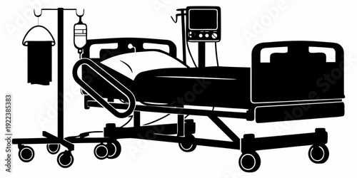 Emergency Medical Service Icons – Ambulance Silhouette and Hospital Bed with Vital Signs Monitor Vector Set