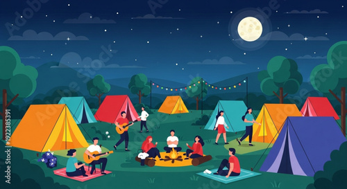 People camping in colorful tents under a starry night sky with a full moon
