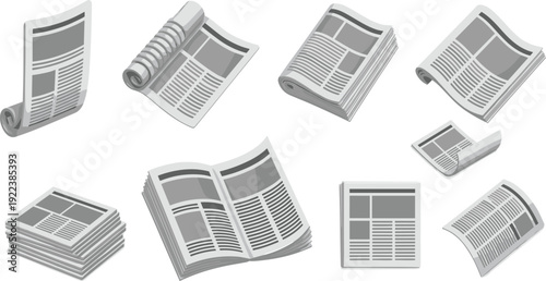 Isometric newspaper and magazine mockup collection with folded rolled and stacked press pages for editorial publishing vector illustration set.