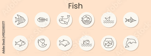 Fish set icon. Tropical fish, skeleton, whale, sea fish, fin, swordfish, tuna, jumping fish, fishing hook, aquarium bowl, dolphin, ocean life, seafood market, marine nature, underwater fauna