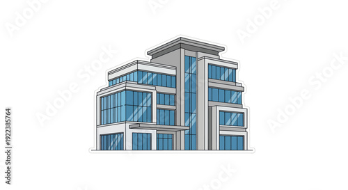Modern glass-fronted office building with multiple floors and rooftop structure.