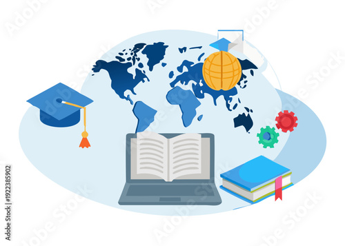 Vector of a world map made of book pages and digital icons (laptop, brain, graduation cap), e-learning and global knowledge.