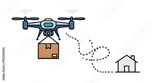 Delivery Drone Carrying Package to House Modern Technology.