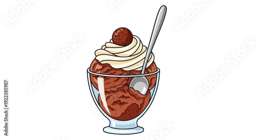 Delicious Chocolate Ice Cream Sundae with Whipped Cream and Cherry.