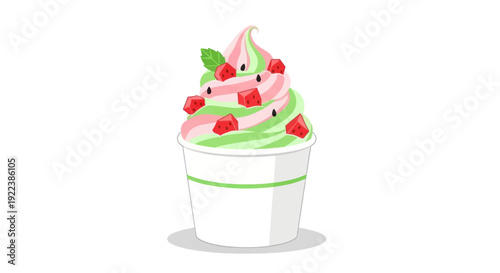 Swirled Pink and Green Frozen Yogurt Cup with Berries.