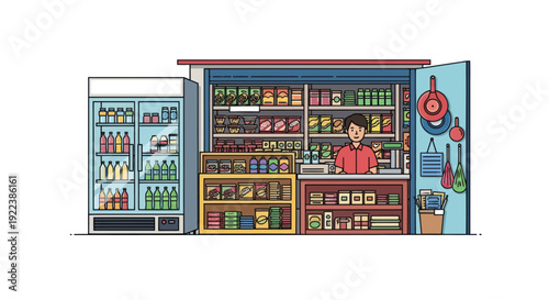 Colorful Illustration of a Small Grocery Store with Products.