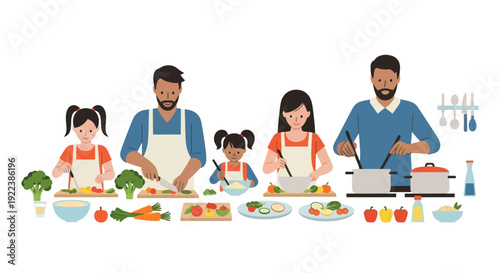 Family Cooking Together: Two Parents and Two Children Preparing Food in the Kitchen.