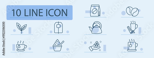 Tea coffee set icon. Leaf, teabag, kettle, cup, cupcake, coffee beans, jar, hot drink, cafe menu, dessert, morning beverage, aroma, refreshment.