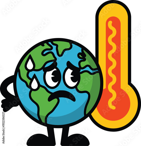 Worried cartoon Earth planet perspiring next to a very high temperature measuring thermometer