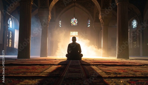 Silhouette of muslim male praying inside mosque with lighting and smoke at background