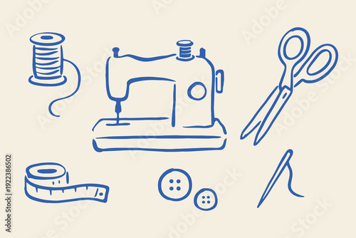 Sewing machine and tailoring tools doodle style vector illustration