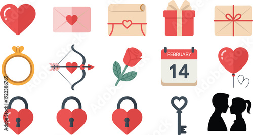 Valentine’s Day icon grid illustration featuring heart, rose, gift box, engagement ring, balloon, padlock, and calendar designs symbolizing romance, affection, and celebration graphics